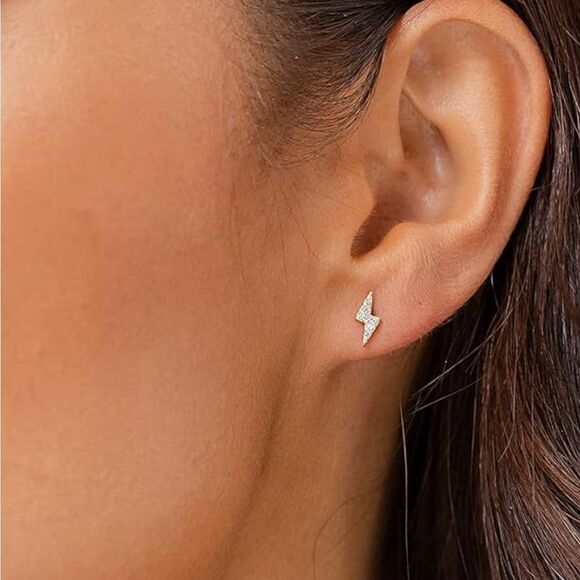 New 925 Sterling Silver CZ Lighting Bolt Stud Earrings - Picture 1 of 12